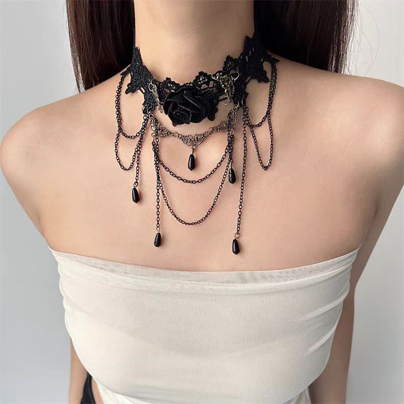 dark lace flower tassel necklace for women necklace choker sweet cool premium light luxury minority clavicle chain neck chain necklace