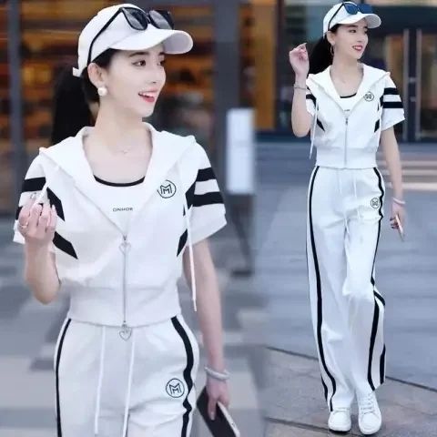 ファッションカジュアルスーツ女性2025年夏の新型ゆるい洋風スポーツウェアのワイドパンツ2点セット|undefined