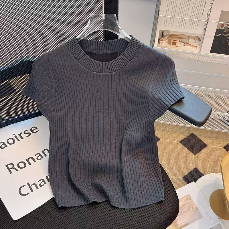 Vintage Simple Round Neck Short-Sleeved Knitted Shirt Women's Spring and Summer Korean Style Foreign Style All-Match Pit Strip Base Top
