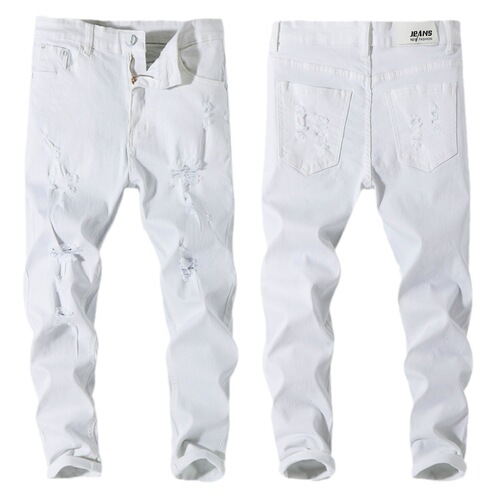 Men's Ripped Cropped White Denim Pants, Korean-style Slim-fit Elasticity-boosted Personality 