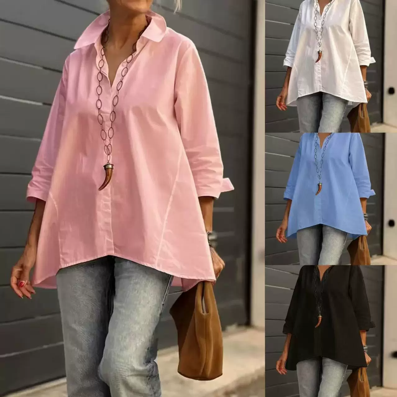 2025春夏新款独立站 亚马逊 女士纯色翻领长袖休闲棉麻宽松衬衫