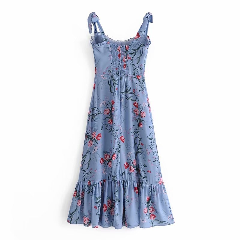 spring ruffled print suspender long skirt  NSAM36352