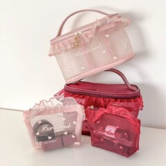 新商品の甘いハスの葉の辺の通気性のネットの糸の化粧袋の高い顔の値の学生の携帯の口紅の小さい様子の収納袋
