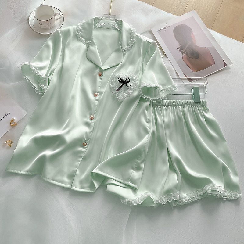 2025 New Ice Silk Pajamas Women's Summer Cool Thin Love Lace Short Sleeve Silk Home Clothes Suit Outer Wear