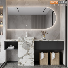 現代の軽い贅沢な浴室の戸棚の岩板のシームレスな一体の陶磁器のたらいの洗面台のトイレの洗面器の洗面器の組み合わせ