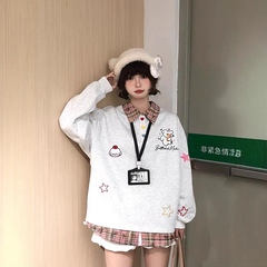 小狗刺绣复古港风拼接假两件情侣卫衣百搭宽松短袖POLO叠穿上衣潮