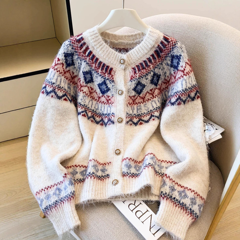 Scandinavian Style Retro Fair Isle Sweater Women's Autumn and Winter Loose Apricot High-End Round Neck Knitted Cardigan Lazy Top
