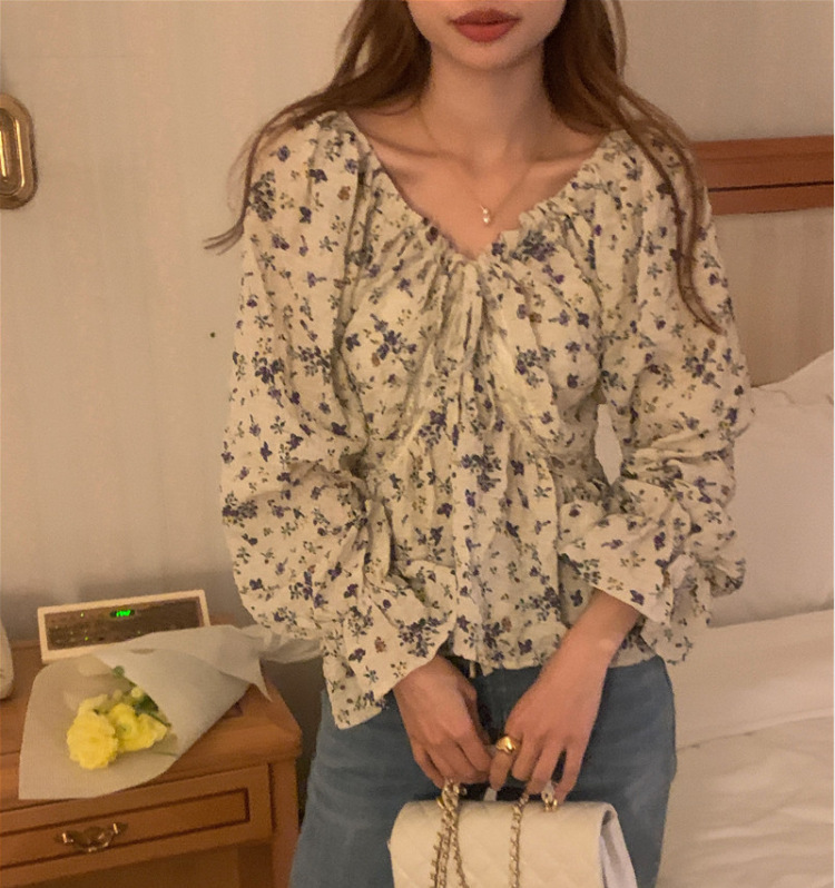 Spring French Style Romantic Floral Drawstring V-neck Chiffon Shirt Korean Style Lace Stitching Waist Long-sleeved Shirt Top for Women