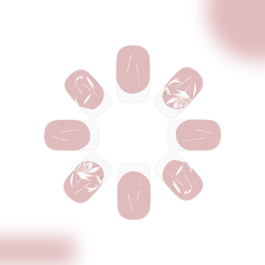 Armure carrée courte scintillante Commerce extérieur transfrontalier européen et américain Mode Bord blanc français Paillettes Branches et feuilles blanches Porter une manucure_voghion.com