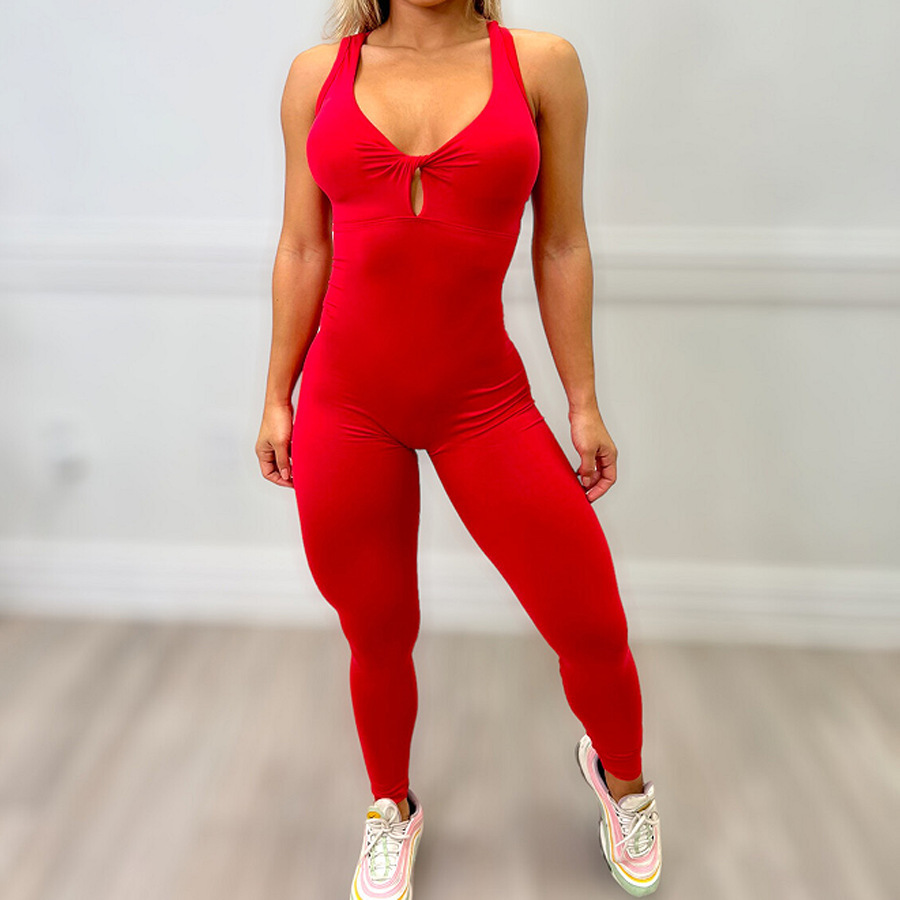 Sexy Sport Style Solid Color Nylon Plunging Neck Tracksuit Eyelet Top The leggings display picture 11