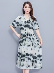 女性のためのハイエンドの若い綿シルクドレス夏 2025 新しい気質プリントウエスト V ネックスカート痩身