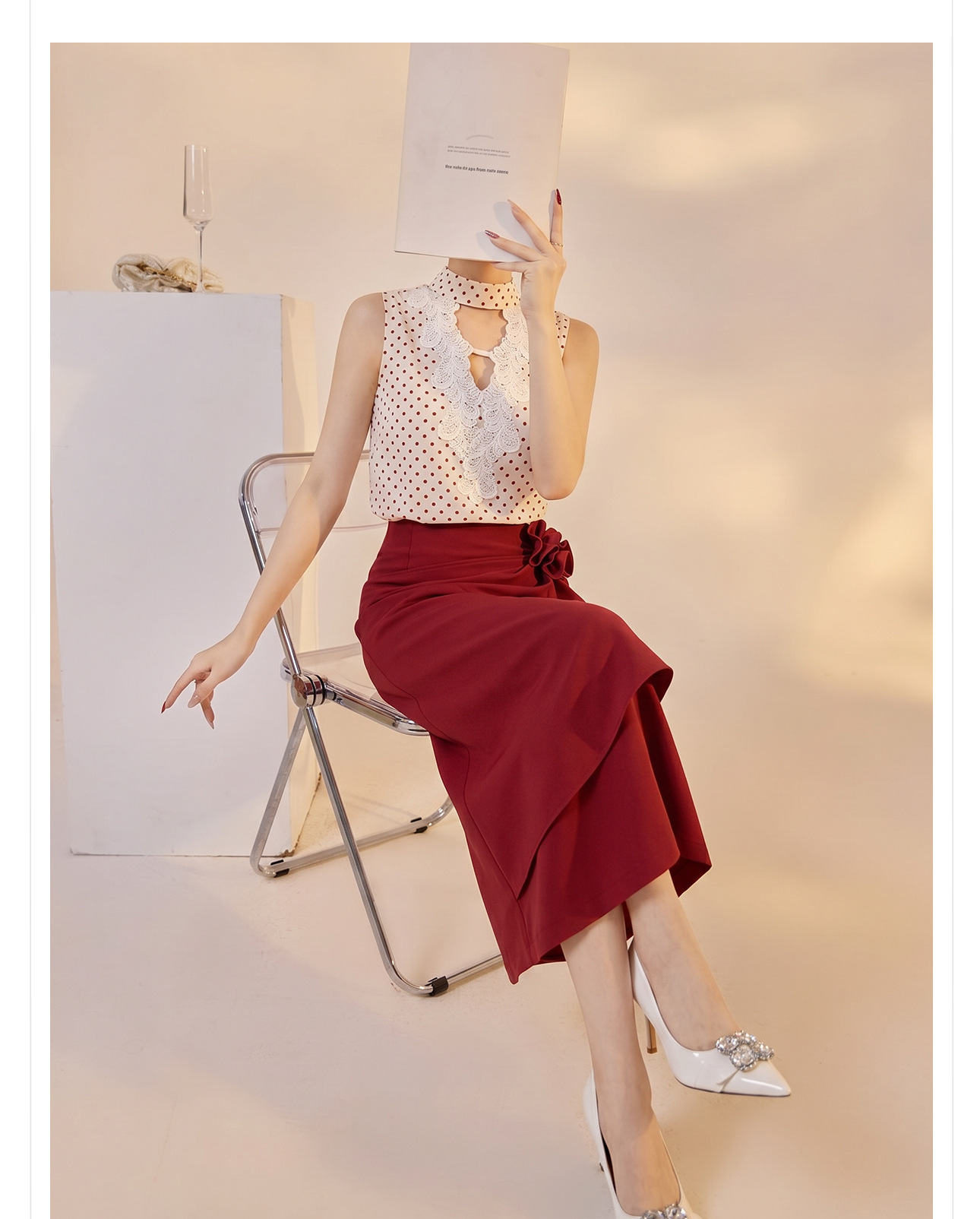 Set vest và chân váy ngắn họa tiết chấm bi phong cách Tân Trung Hoa mùa hè — Trang phục [Vest+Half Dress], nửa váy, Trang phục [Áo vest+quần short], quần đùi chi tiết 11