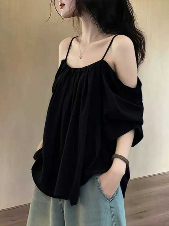 Áo thun nữ cổ tròn basic tay ngắn thiết kế dây thắt lưng — màu đen