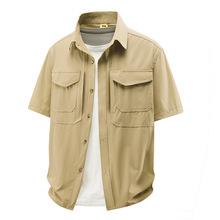 新款短袖衬衫男士夏季休闲男装高弹舒适纯色工装多口袋衬衣秋装青