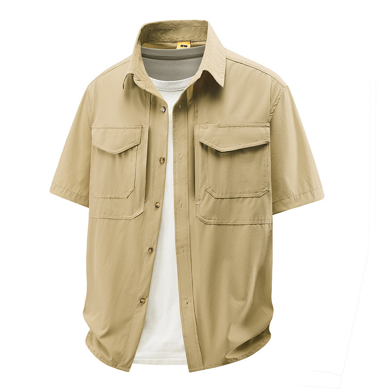 新款短袖衬衫男士夏季休闲男装高弹舒适纯色工装多口袋衬衣秋装青