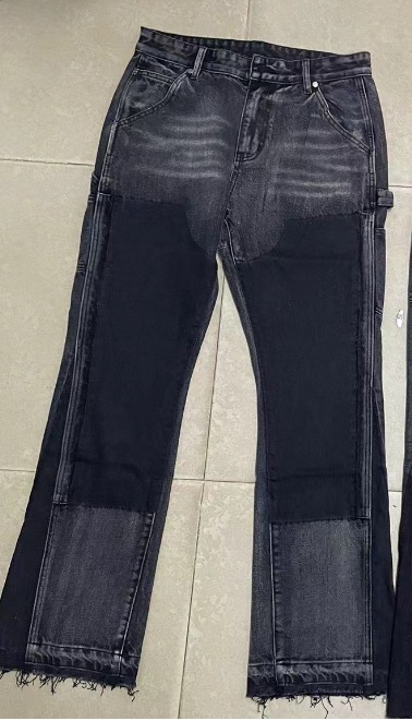 Men's Clothing high street stitching deconstructed distressed black flared loose jeans_voghion.com