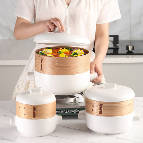 Japanese steamed pot with steam rack soup pot stew pot bamboo multi-layer hotel household ceramic pot steamer size large and small