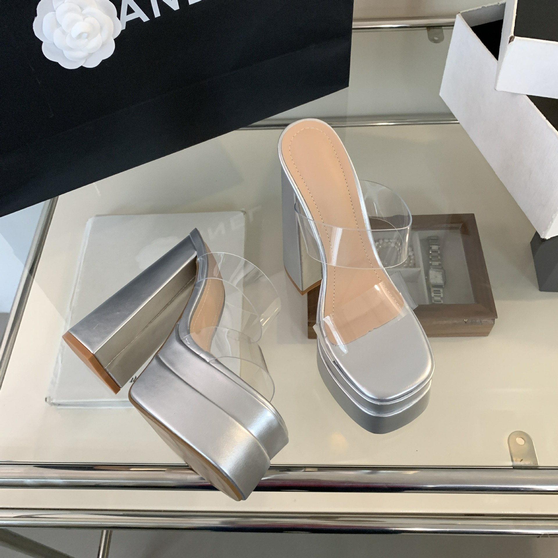 Sandal cao gót nữ hở mũi đế dày trong suốt đính đá rhinestone gót 15 cm — Màu đen chi tiết 11