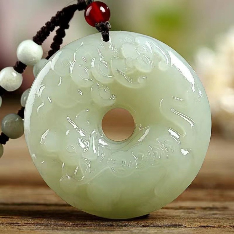 Mặt dây chuyền ngọc bích Hetian hình khóa an toàn 12 con giáp, dây chuyền ngọc tự nhiên cao cấp chi tiết 10