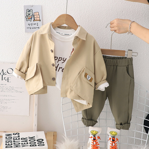 Boys work shirt set  new children's shirt spring and autumn long-sleeved street autumn T-shirt three-piece set