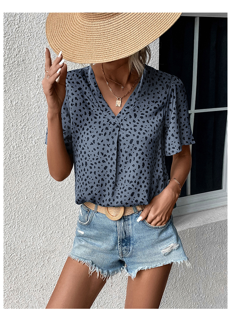Leopard Print V-neck Short-sleeved Loose Shirt_voghion.com