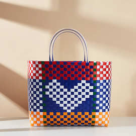 新款PP菜篮子手提女包 心形手工编织包 大容量购物袋沙滩包手提包