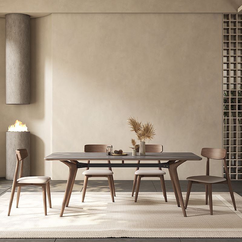 灰色实木岩板餐桌现代简约白蜡木长方形意式家用小户型北欧风饭桌