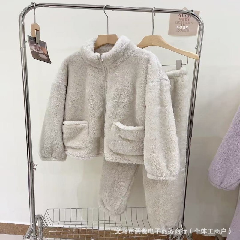 珊瑚绒加绒加厚立领开衫拉链睡衣纯色暖绵绵情侣拉链家居服套装|undefined