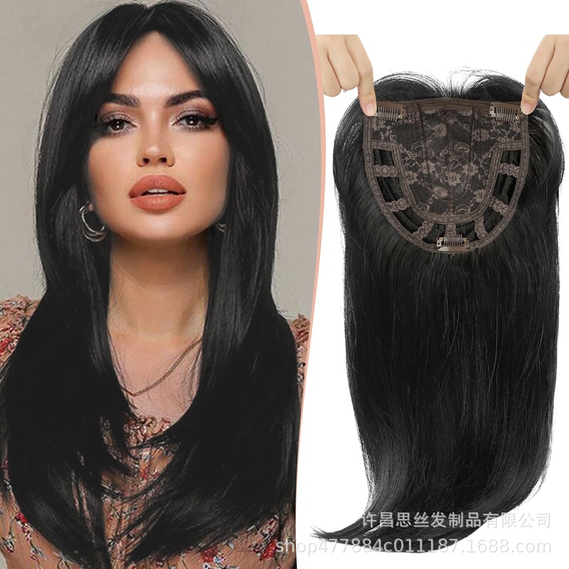 跨境欧美假发女 化纤发块八字刘海长直发头顶补发块遮白发隐形wig|undefined