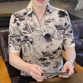 2025夏季新款男士短袖体恤衫翻领简约轻奢美式V领韩版修身polo衫