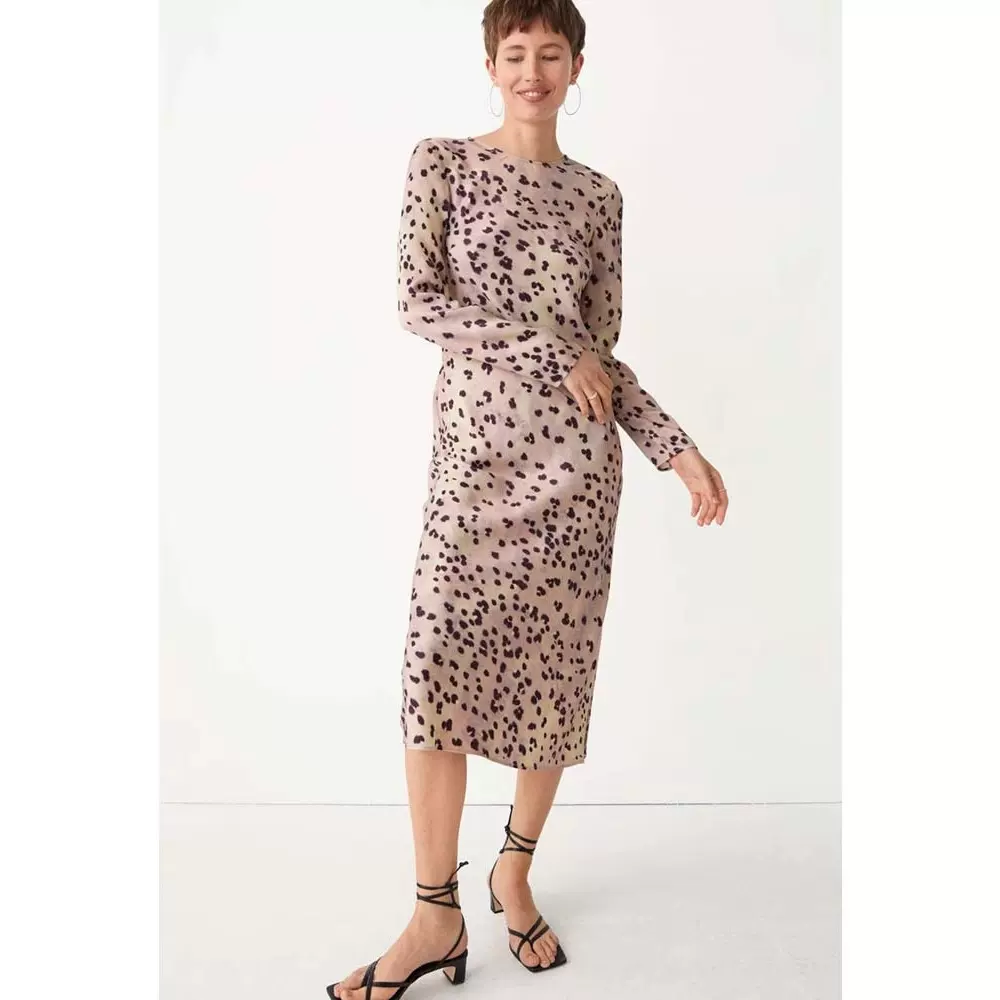 清仓不退不换 四媛露背天丝印花连衣裙修身气质豹纹显瘦长裙3969