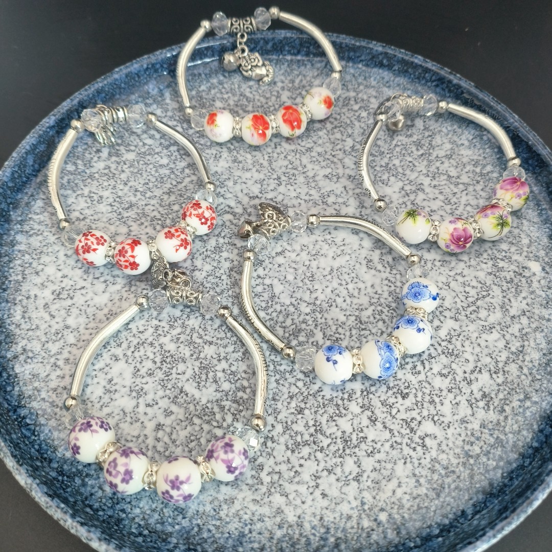 手工创意陶瓷半镯花朵复古时尚小手链女款百搭民族风情侣手饰批发