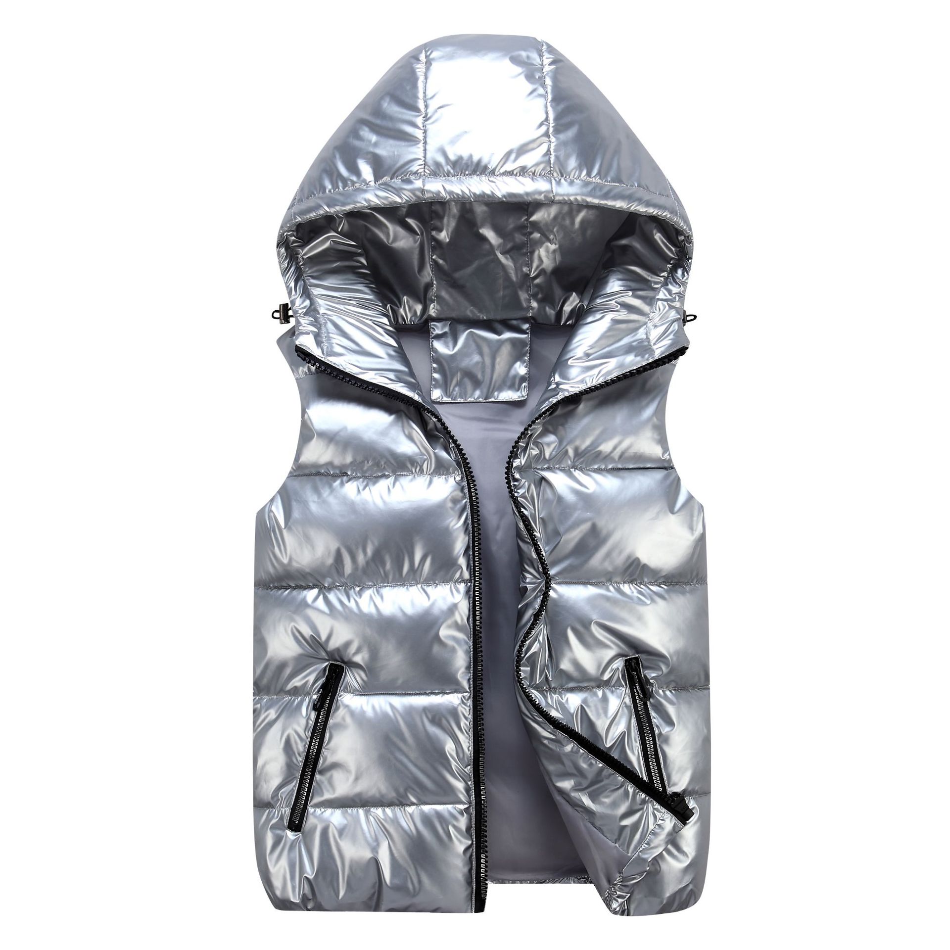 Autumn and winter parent-child shiny stand-up collar cotton vest, men's trendy thickened hooded slim-fit cotton vest for couples