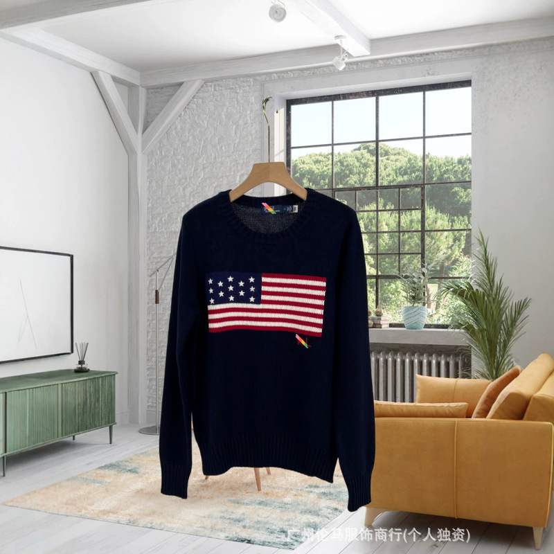 Maren's Cross-Border High-End Version R-L Loose Round-Neck Knitwear with National Flag and Five-Pointed Star, Simple, Fashionable, Versatile, Pure Cotton