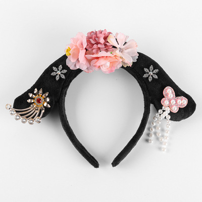 Retro palace style headband for adults, cute plaid headband for girls, pink girly tassel, pearl flag head, children's headband