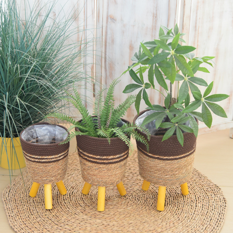 Decoración nórdica tipo piso estante de flores plantas de paja trenzadas cestas de flores de caña trenzadas maceta de loto verde balcón sala de estar estante de maceta