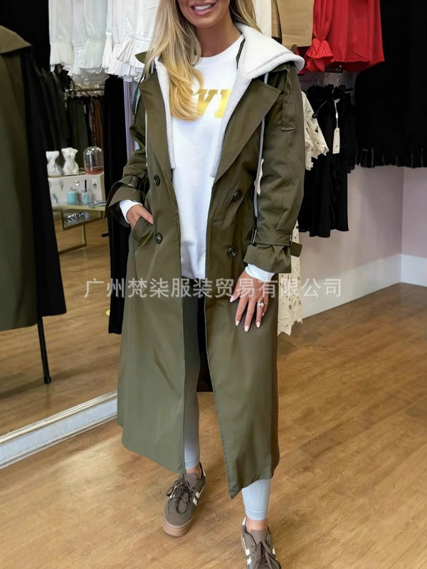 现货欧美2025秋冬亚马逊跨境新款连帽翻领假两件休闲长款风衣外套|undefined