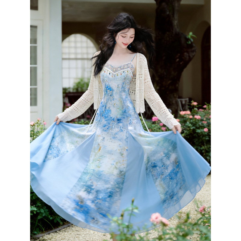 French-Style Unique and Beautiful Blue Ink Painting Spaghetti Strap Dress for Women, Summer 2026 New Model, Seaside Vacation Beach Long Dress French-Style Unique and Beautiful Blue Ink Painting Spaghetti Strap Dress for Women, Summer 2026 New Model, Seaside Vacation Beach Long Dress
