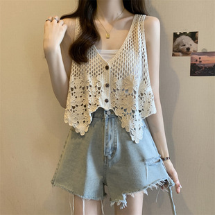 Real Shot at Real Price ~ Large Size Hook Pattern Cut Out V Neck Single-Breasted Sleeveless Knitted Vest Summer Korean Style Outer Top