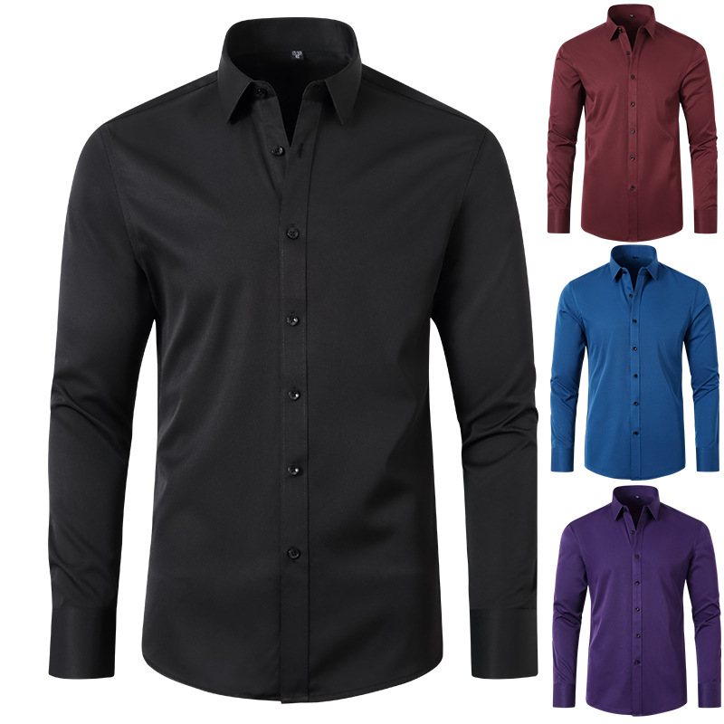 Amazon eBay Cross-border Hot Stretch Long Sleeve Shirt Men's AliExpress Solid Color Four-sided Shirt Men's Shirt Amazon eBay Cross-border Hot Stretch Long Sleeve Shirt Men's AliExpress Solid Color Four-sided Shirt Men's Shirt
