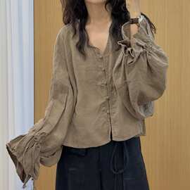 复古文艺汉麻上衣女2026秋季新款宽松百搭减龄袖口拼荷叶花边长袖