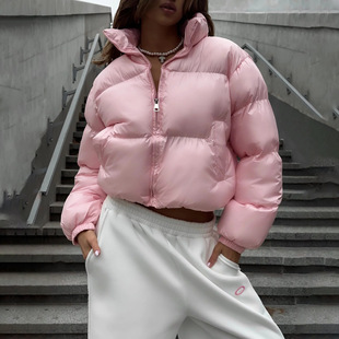 Solid Color Basic Cotton Short Jacket for Women, Thickened Warm Puffer Jacket, Trendy Stand Collar Fashion Cotton Coat for Women