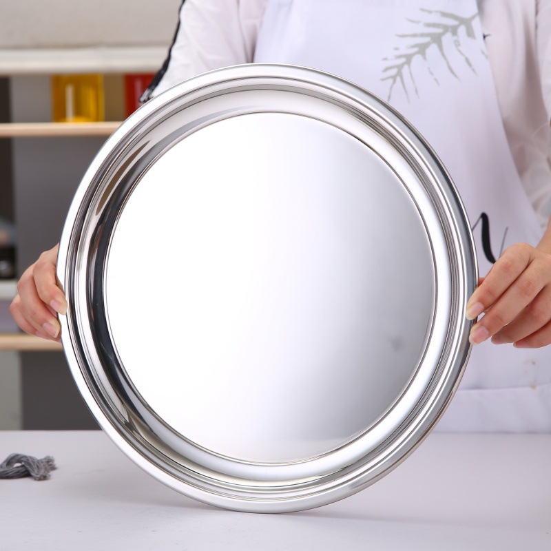 不锈钢圆型镜面盘酒店餐厅托盘茶水盘子水果沙拉亮光盘可配防滑垫