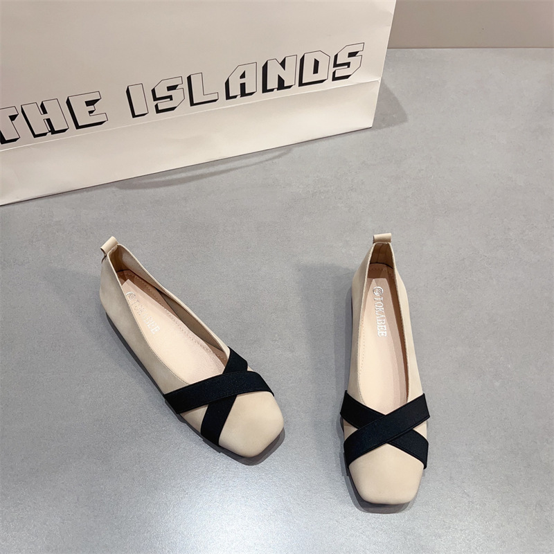 French-Style Chunky Heel Loafers with a Shallow Square Toe, Comfortable Women's Low-Heeled Shoes, Granny Shoes, Scoop Shoes in Apricot Color with a Vintage Style
