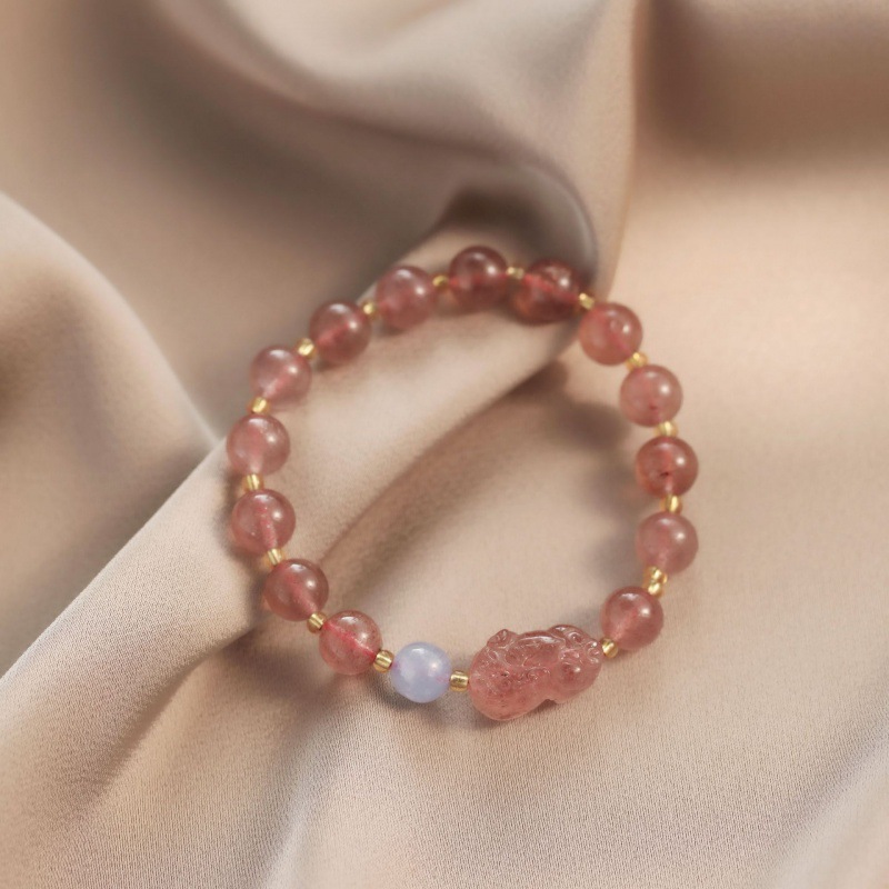Armband für Frauen Xiaohongshu gleichen Stil Erdbeerkristall rosa Kristall Pixiu Armband natürliche Aquamarin Achat Armband rosa für Frauen_voghion.com