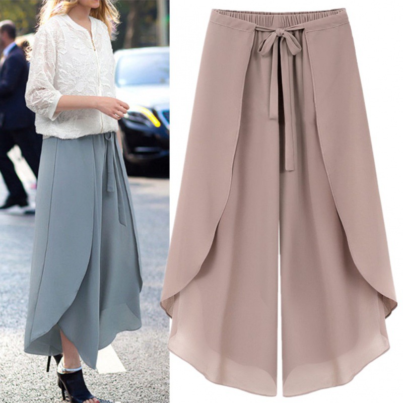 跨境2023年夏季女士新款系带雪纺长裤松紧腰休闲宽松阔腿裤裙