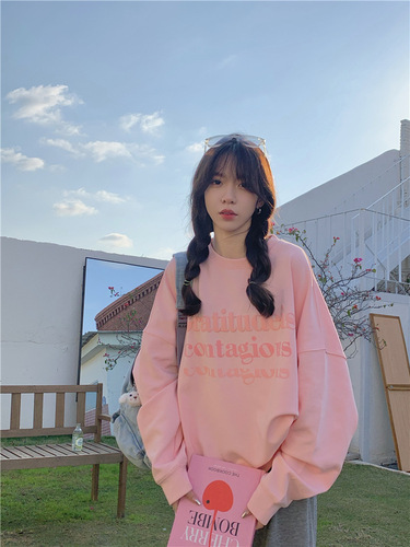 Women's Long-Sleeve Padded Sweatshirt with Letter Print for Autumn/Winter, Loose Fit, Casual Student Top