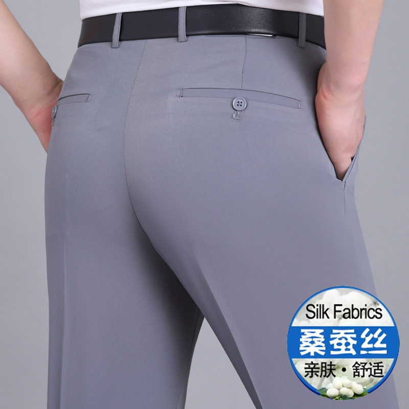 Pantalones finos de seda de morera para hombres de primavera y verano para hombres, pantalones rectos de mediana edad de cintura alta sin planchar para hombres de mediana edad y ancianos image 22