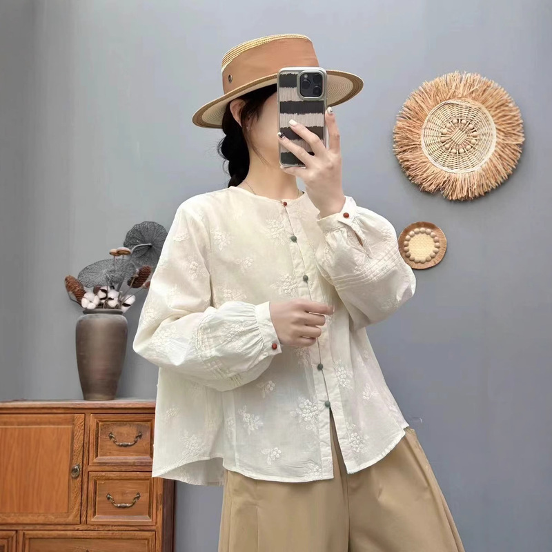 复古文艺棉纱立领彩扣刺绣衬衫2025秋季新款休闲时尚圆领女开衫|undefined
