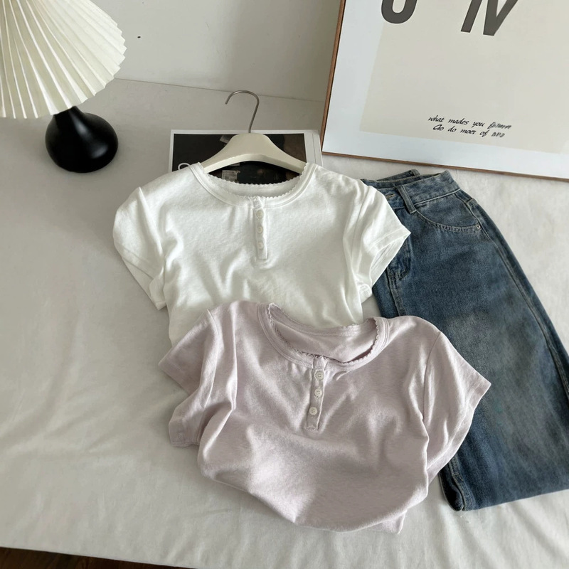 Tiktok Hot Item 2026 Summer Fashion Regular Shoulder Buttoned Round Neck Short-Sleeve T-Shirt Women's Inner Wear Top Thin Base Shirt 7454 Tiktok Hot Item 2026 Summer Fashion Regular Shoulder Buttoned Round Neck Short-Sleeve T-Shirt Women's Inner Wear Top Thin Base Shirt 7454
